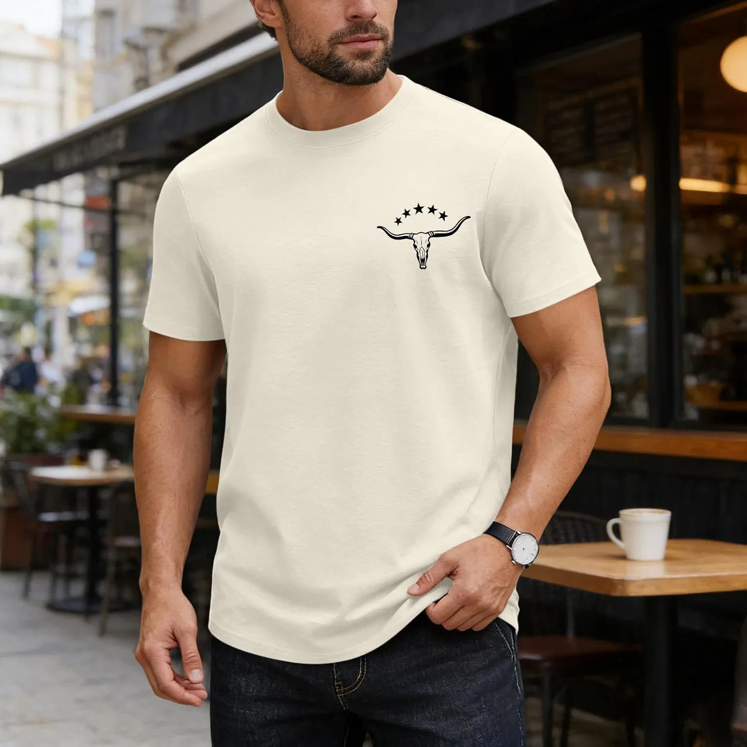 Мужская футболка с принтом Aztec Crewneck Cotton Tops, Beige — фото 2
