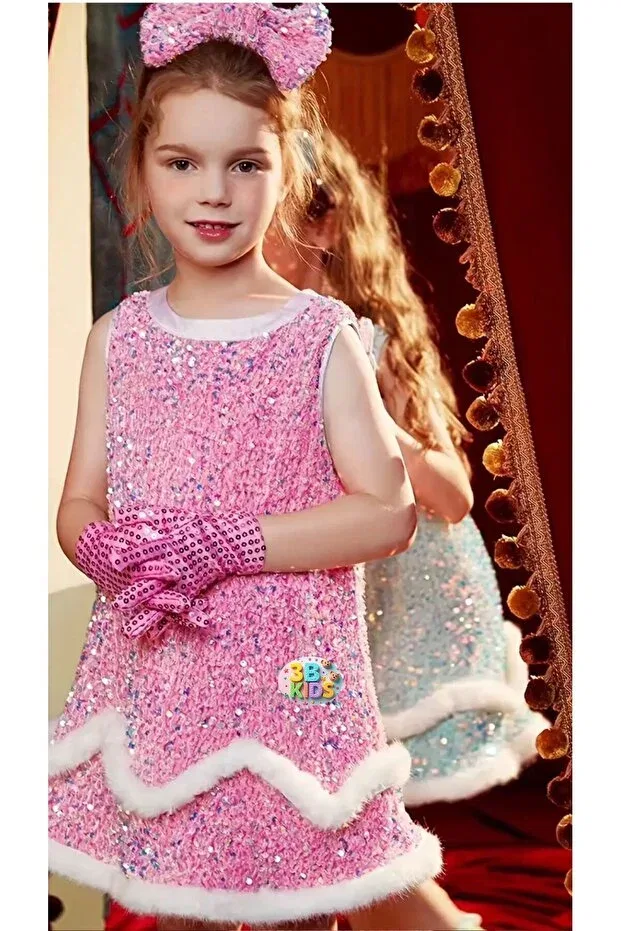 Детское платье для девочек с пайетками Velvet sequined children's dress and evening dress set - graduation gloves 3B Kids, Pink