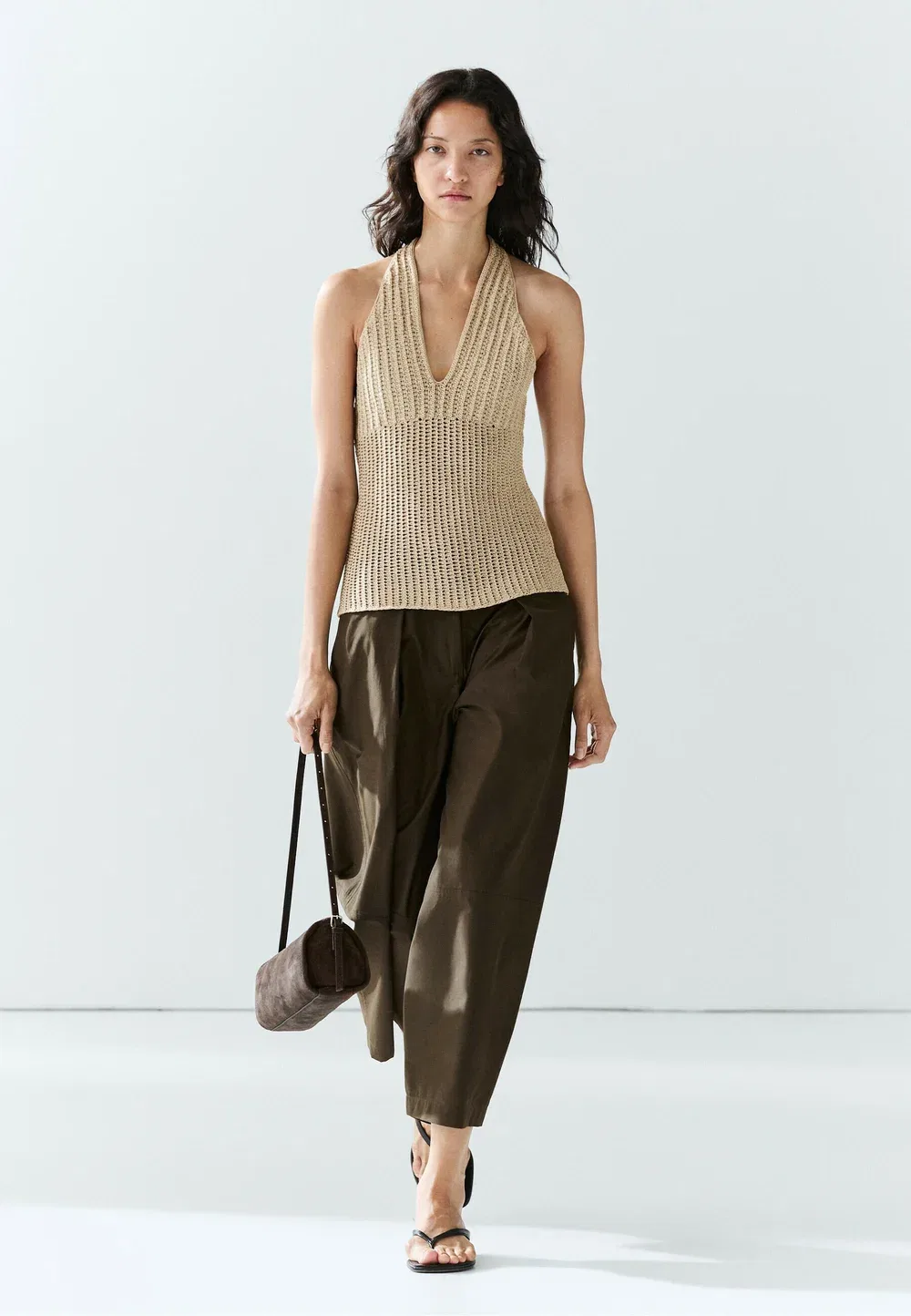 Вязаный крючком топ из смесовой хлопковой ткани Massimo Dutti, Beige — фото 4