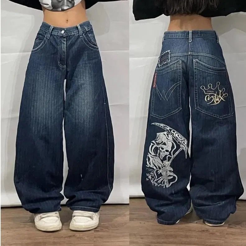 Женские джинсы с принтом скелета Y2k Hip Hop Goth Street Vintage High Waist Denim Wide Leg Trousers, Color-2 — фото 2