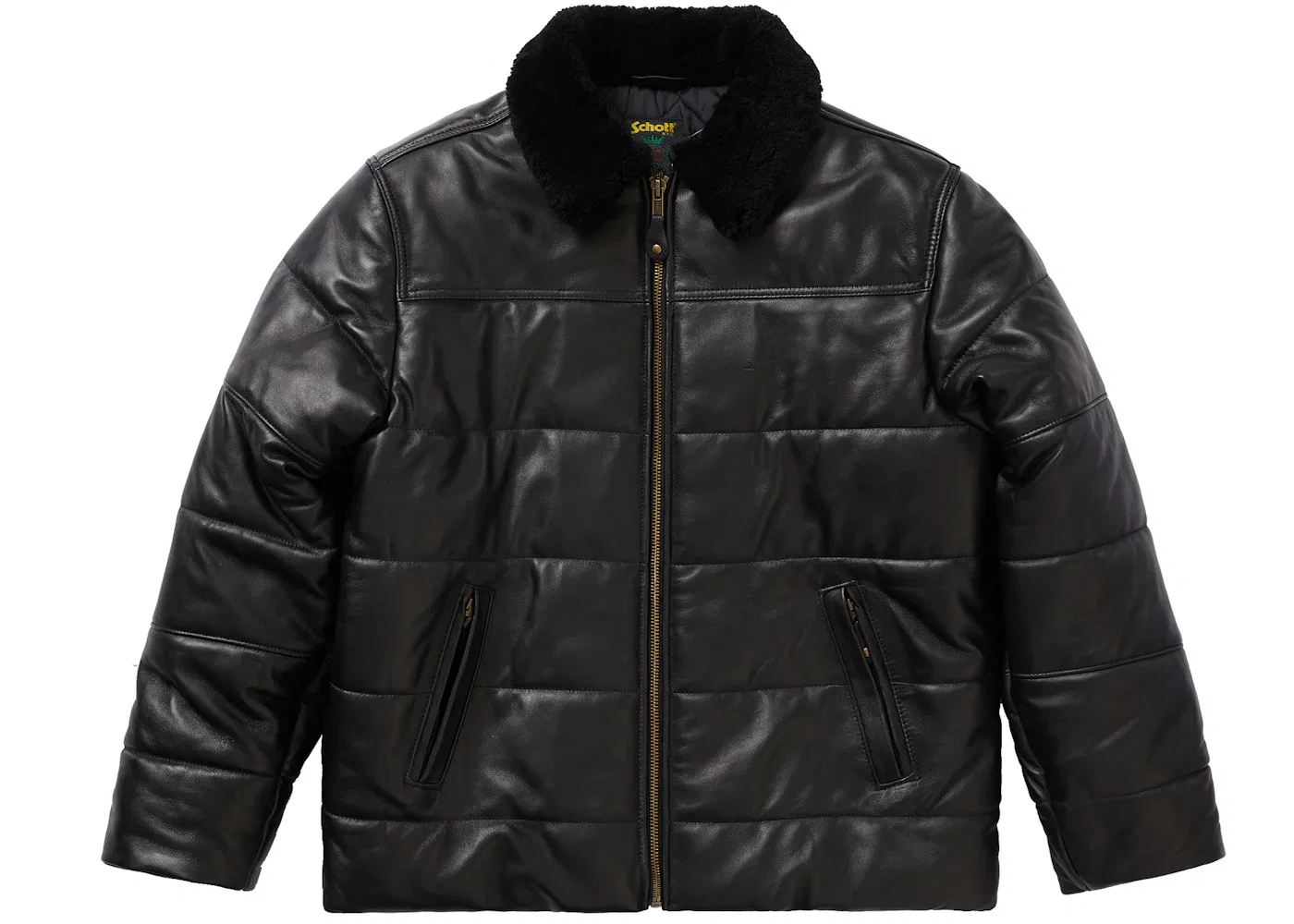 Мужская куртка с меховым воротником Supreme Schott Shearling Collar Leather Puffy Jacket, Black