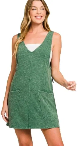 Женское платье-комбинезон с регулируемыми бретелями Washed Slub Adjustable Strap Overall Dress, Green