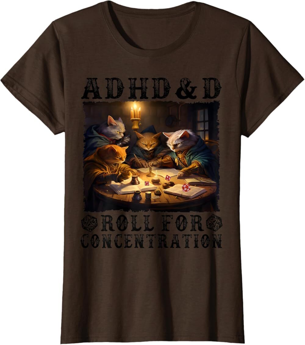 

Женская футболка Funny Tees Gamer RPG Apparel Cats RPG Gamer Roll For Concentration, коричневый