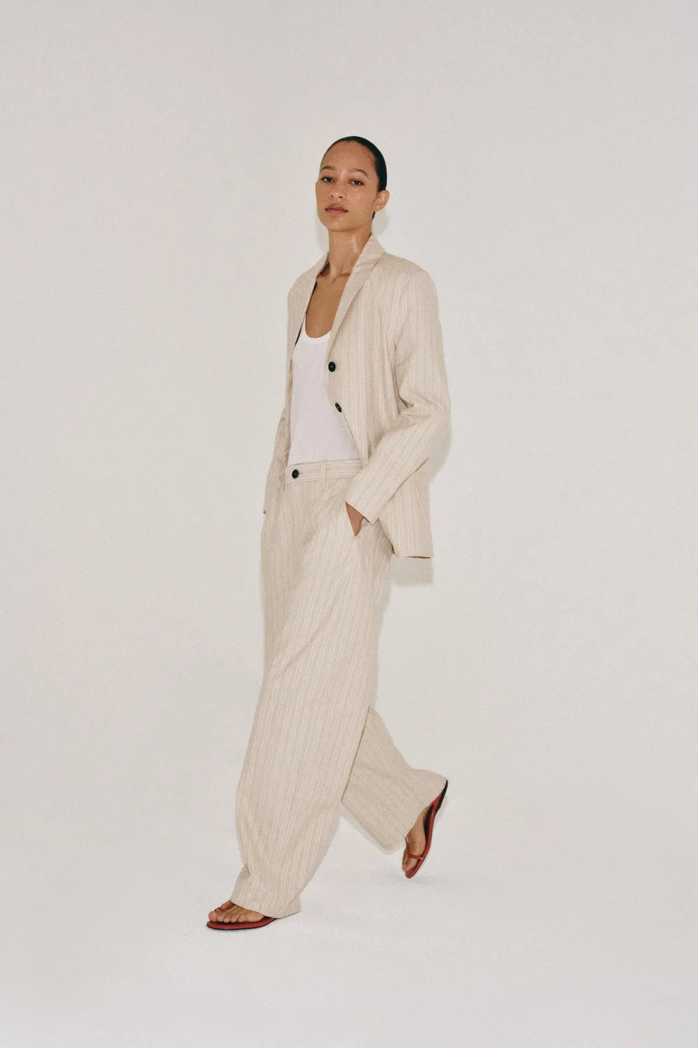 Брюки из полосатой льняной смеси из коллекции ZW ZARA, Ecru/Black — фото 4