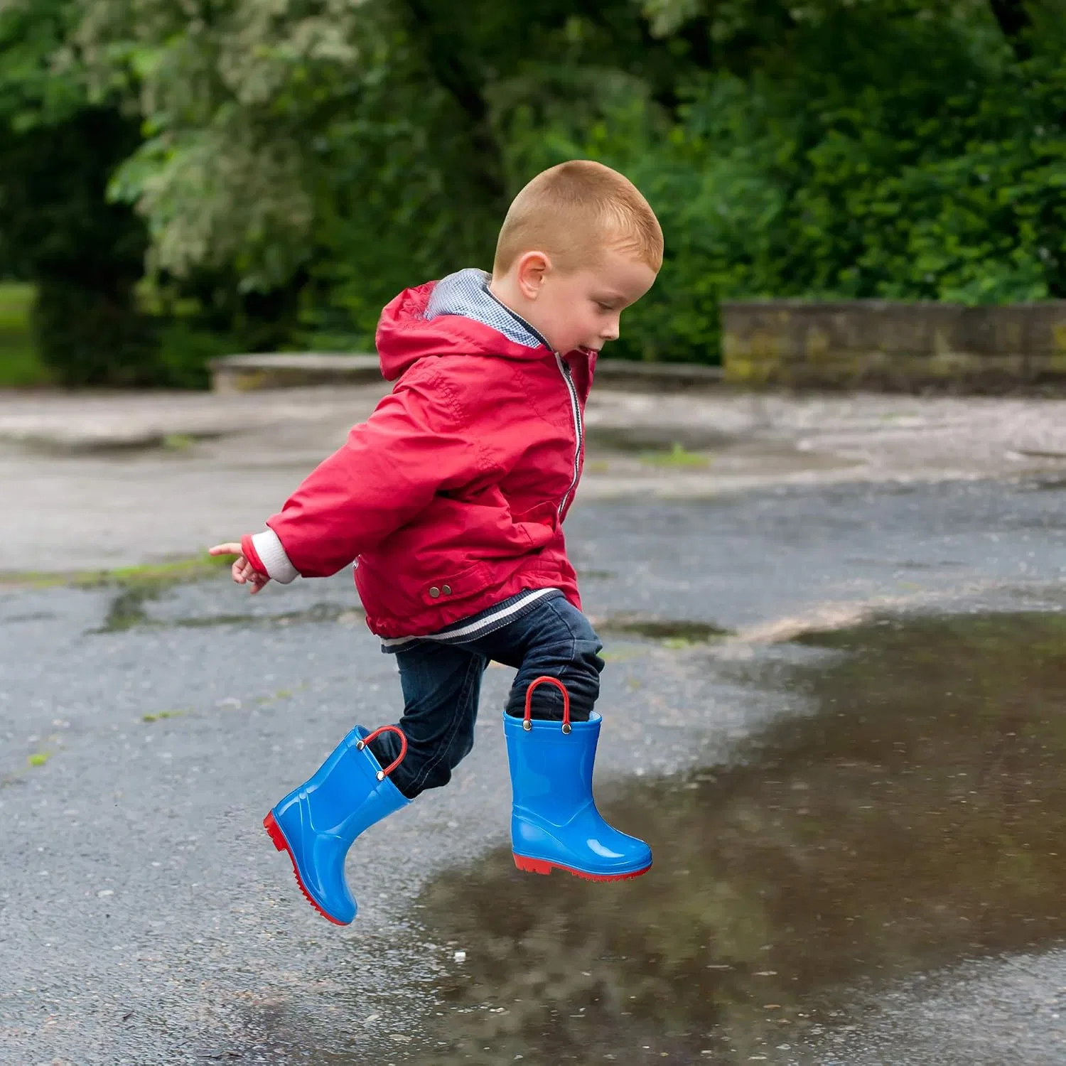 Детские сапоги дождевые с принтом Puddle Play, Blue Red Trimming — фото 2