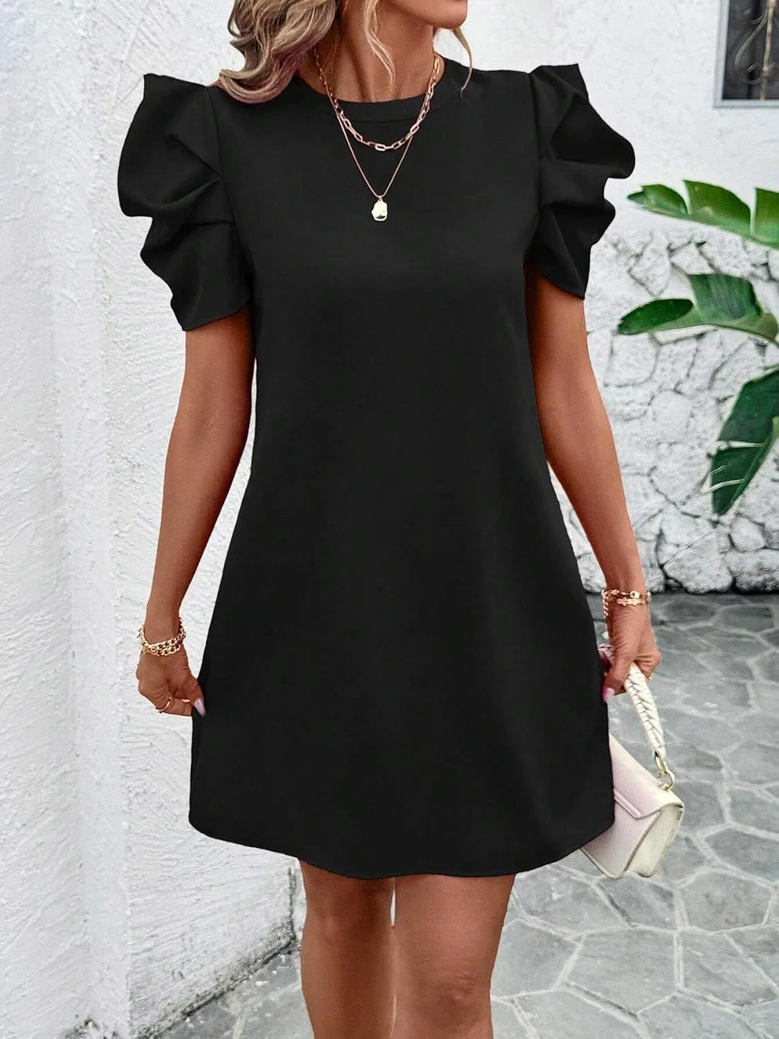 Женское повседневное платье-туника с рюшами, Short Sleeve, Black — фото 3