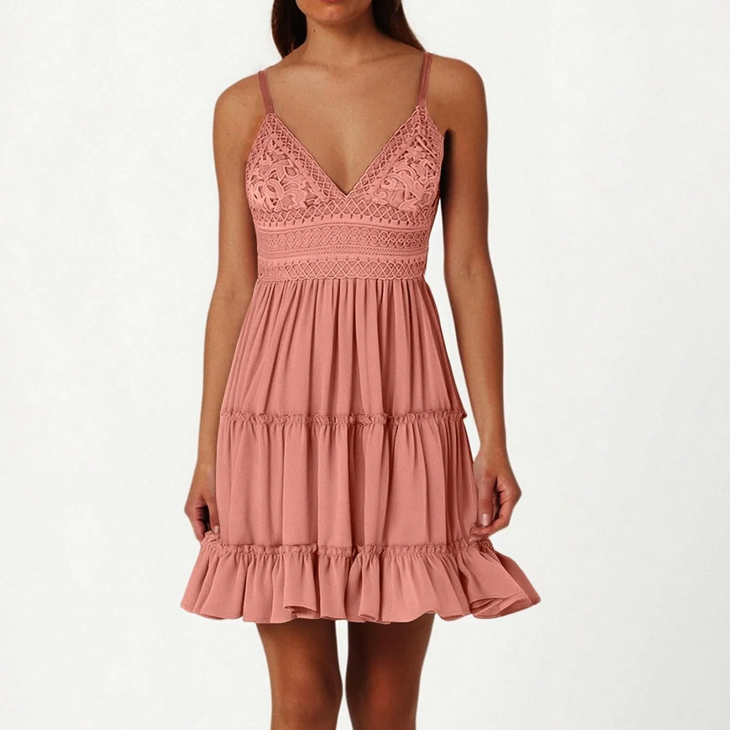 Женское летнее мини-платье с кружевной отделкой Spaghetti Strap, Pink — фото 4