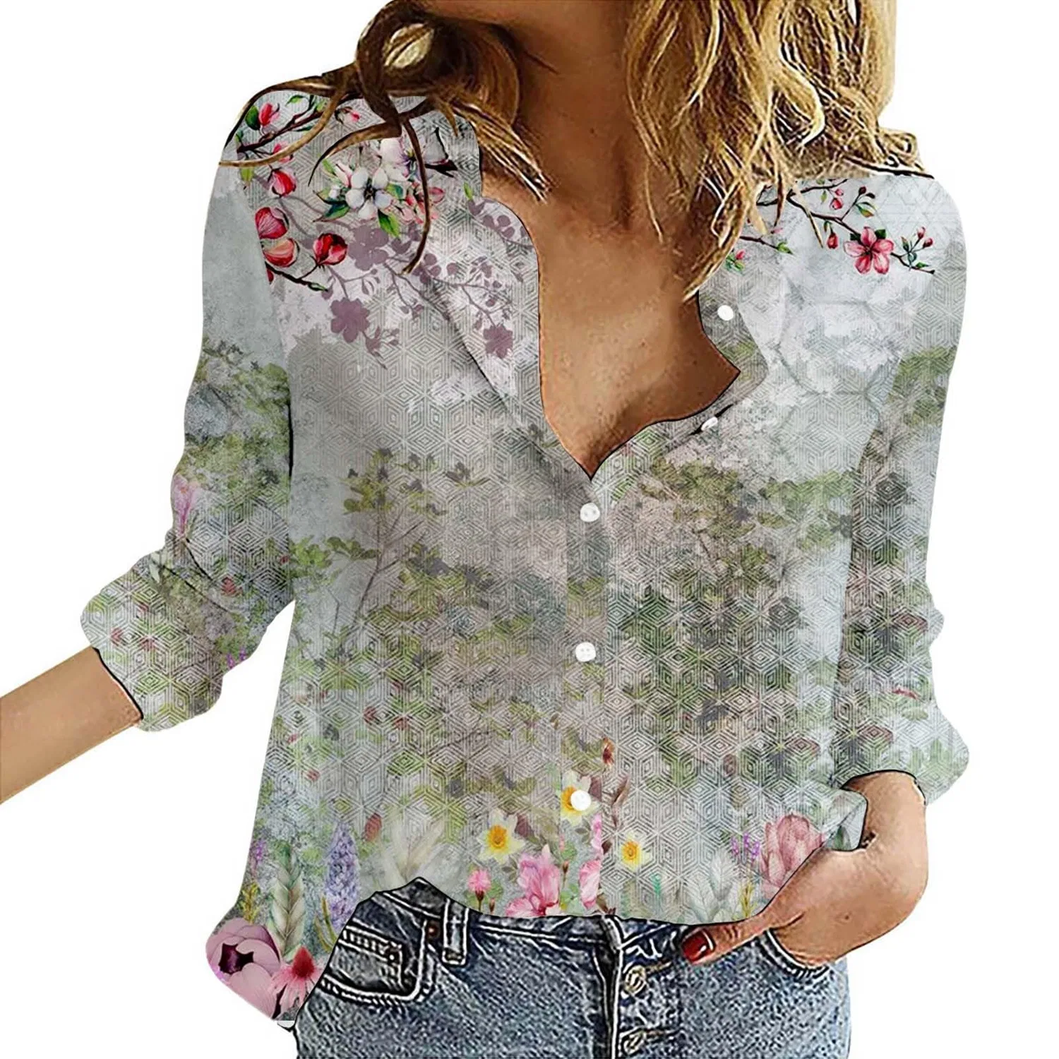 Женская блуза из хлопка и льна с принтом, модель Cotton Linen Shirt, W Beige
