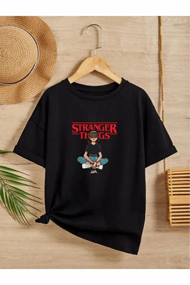 Детская футболка с принтом для мальчиков Stranger things printed children's t-shirt Oneagılyazı, Siyah