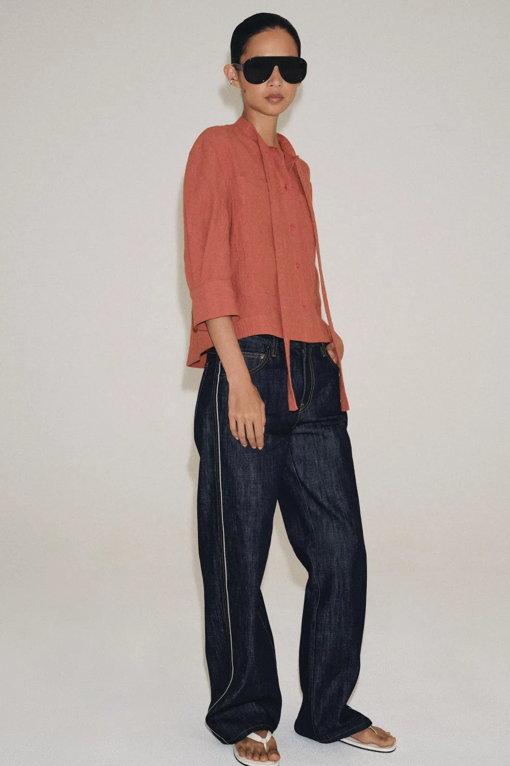 Рубашка из льняной смеси от ZW COLLECTION с завязками. ZARA, Burnt orange — фото 4