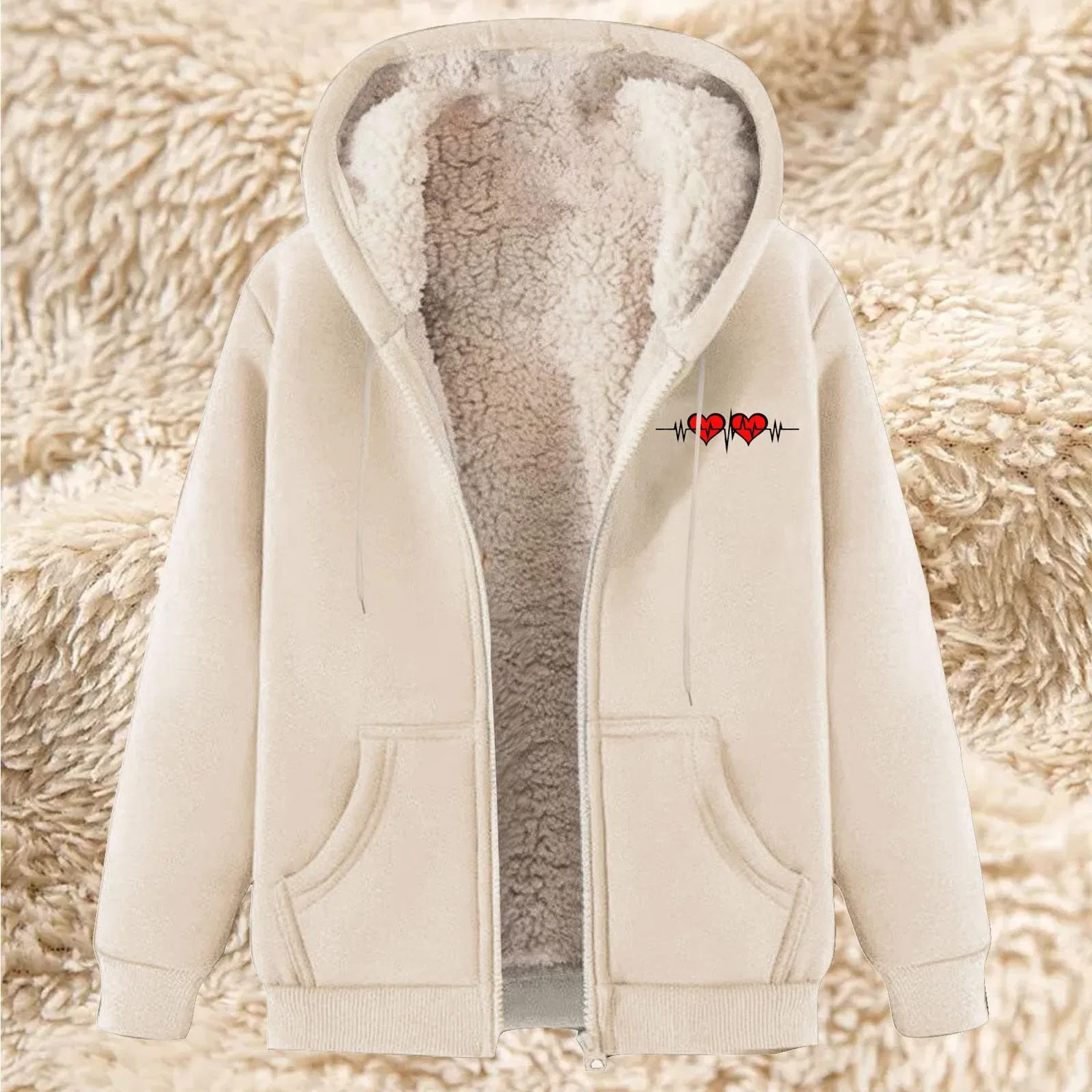 Женское утепленное пальто с капюшоном и молнией, Beige — фото 2
