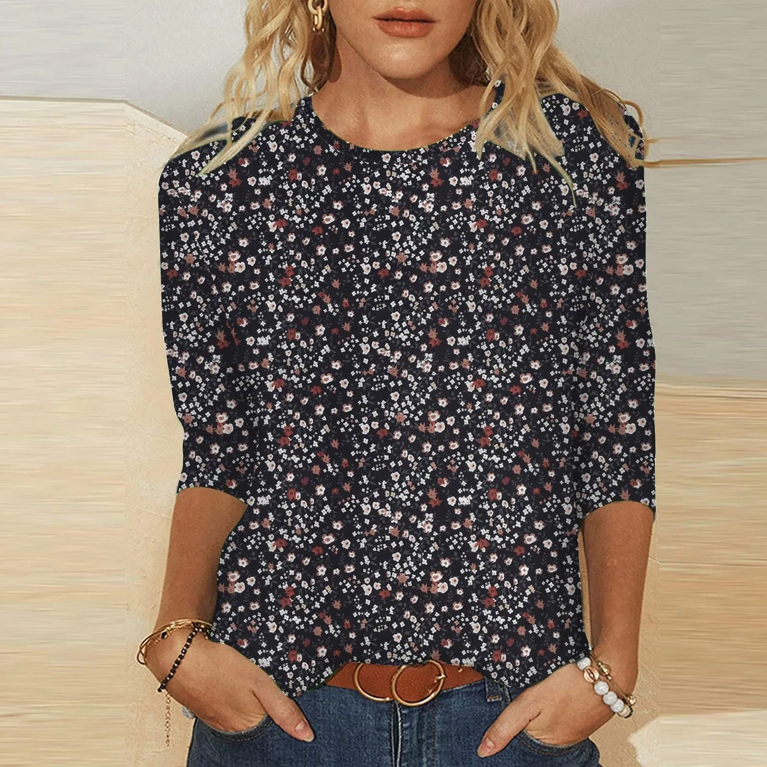 Женская блуза с принтом Plus Size T-Shirts 3/4 Sleeves T-Shirts Summer Round Neck Floral Print Casual Loose Blouses Fashion Thermal Neck, Black #5 — фото 2