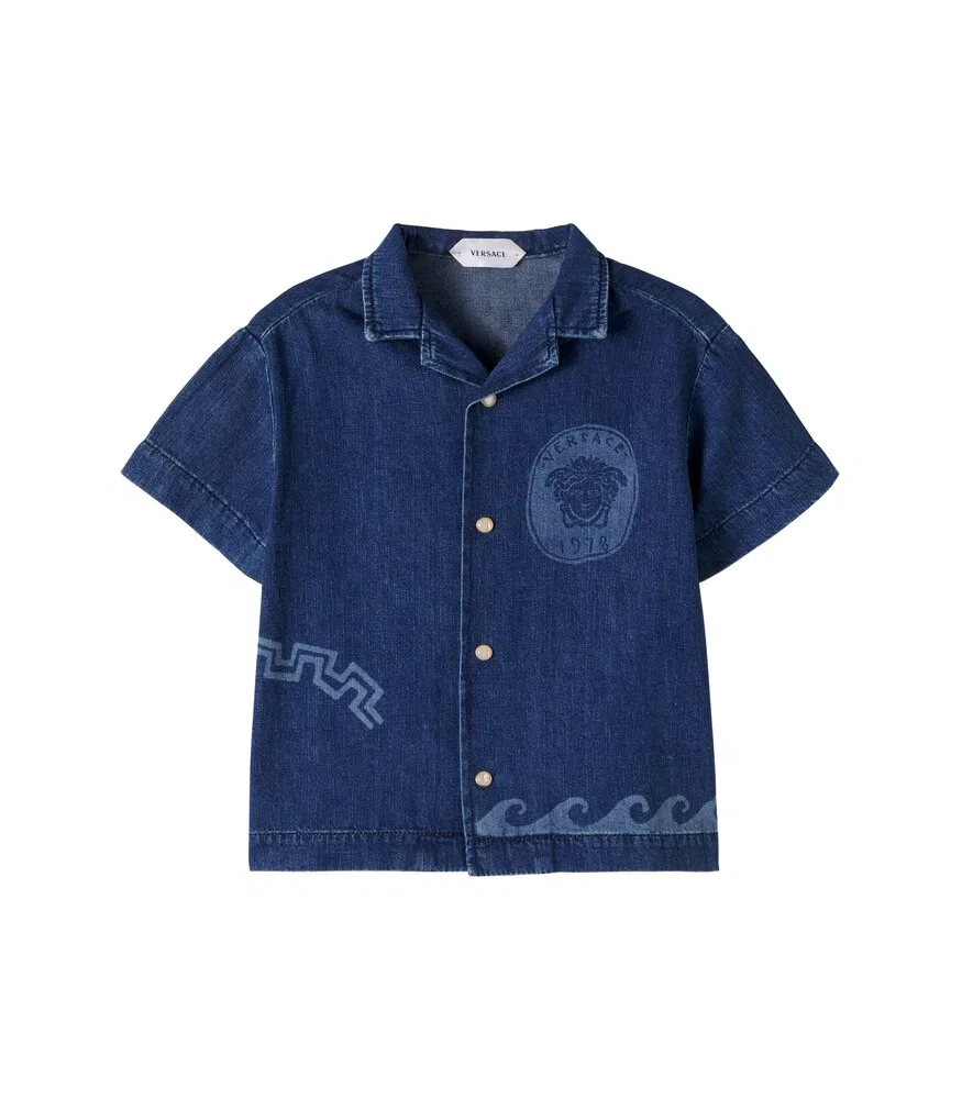 Джинсовая рубашка с изображением Медузы Versace Kids, синий