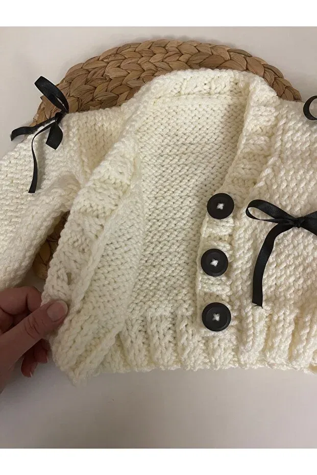 Детский кардиган с V-образным вырезом Handmade bow cardigan Örgü, Nude Color — фото 3