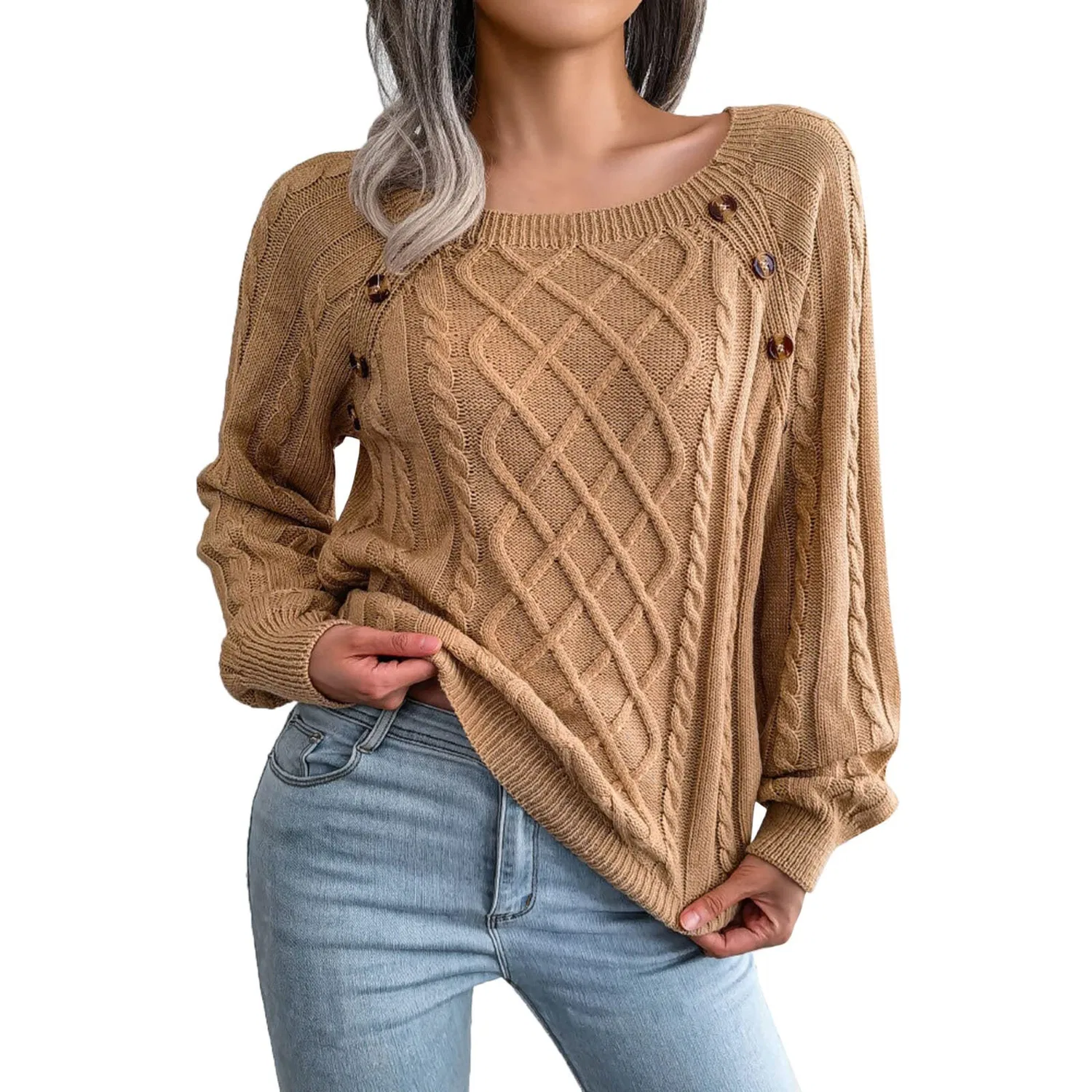 Женский свитер с высоким воротом и длинным рукавом, свободный, Dark Khaki