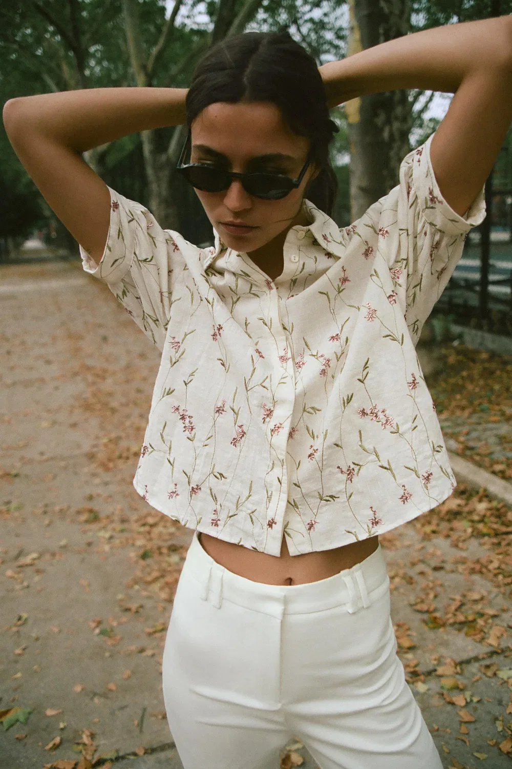 Рубашка, расшитая бисером. ZARA, Ecru/Green