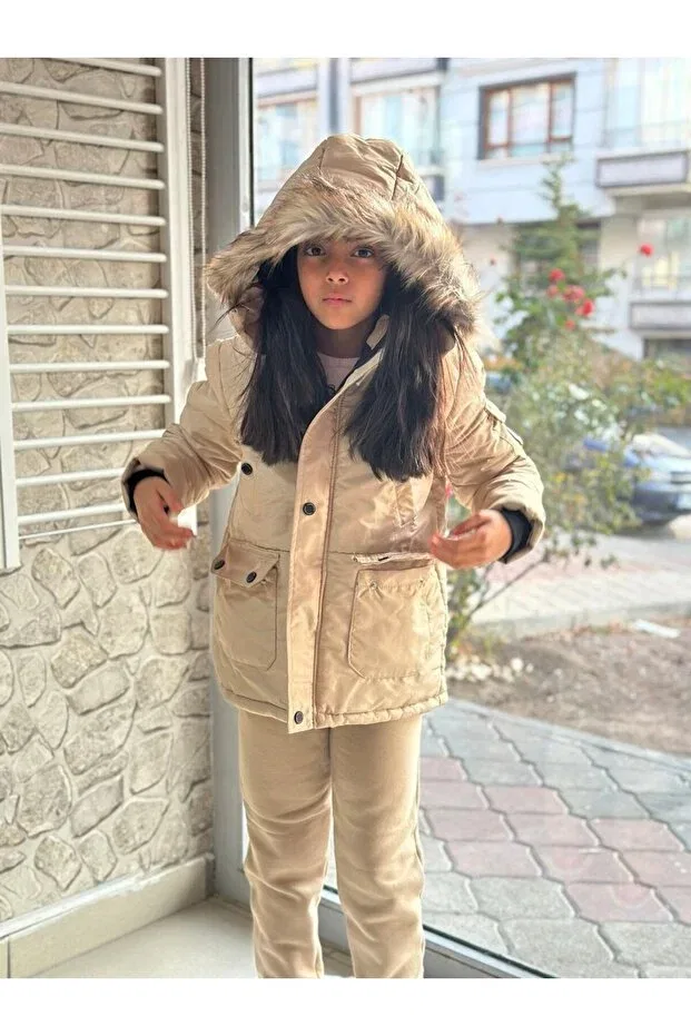 Детское зимнее пальто для девочек с геометрическим принтом Narin Kids, Nude Color — фото 2