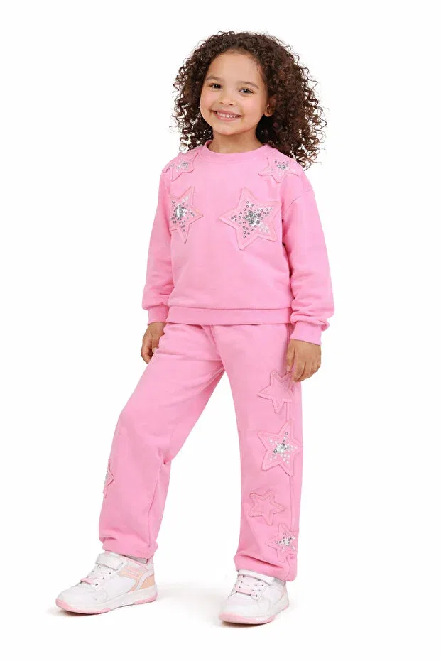 Детский комплект спортивного костюма для девочек с принтом Design Star Patterned Sequin Embroidered 3 Thread Moonbelle, Pink