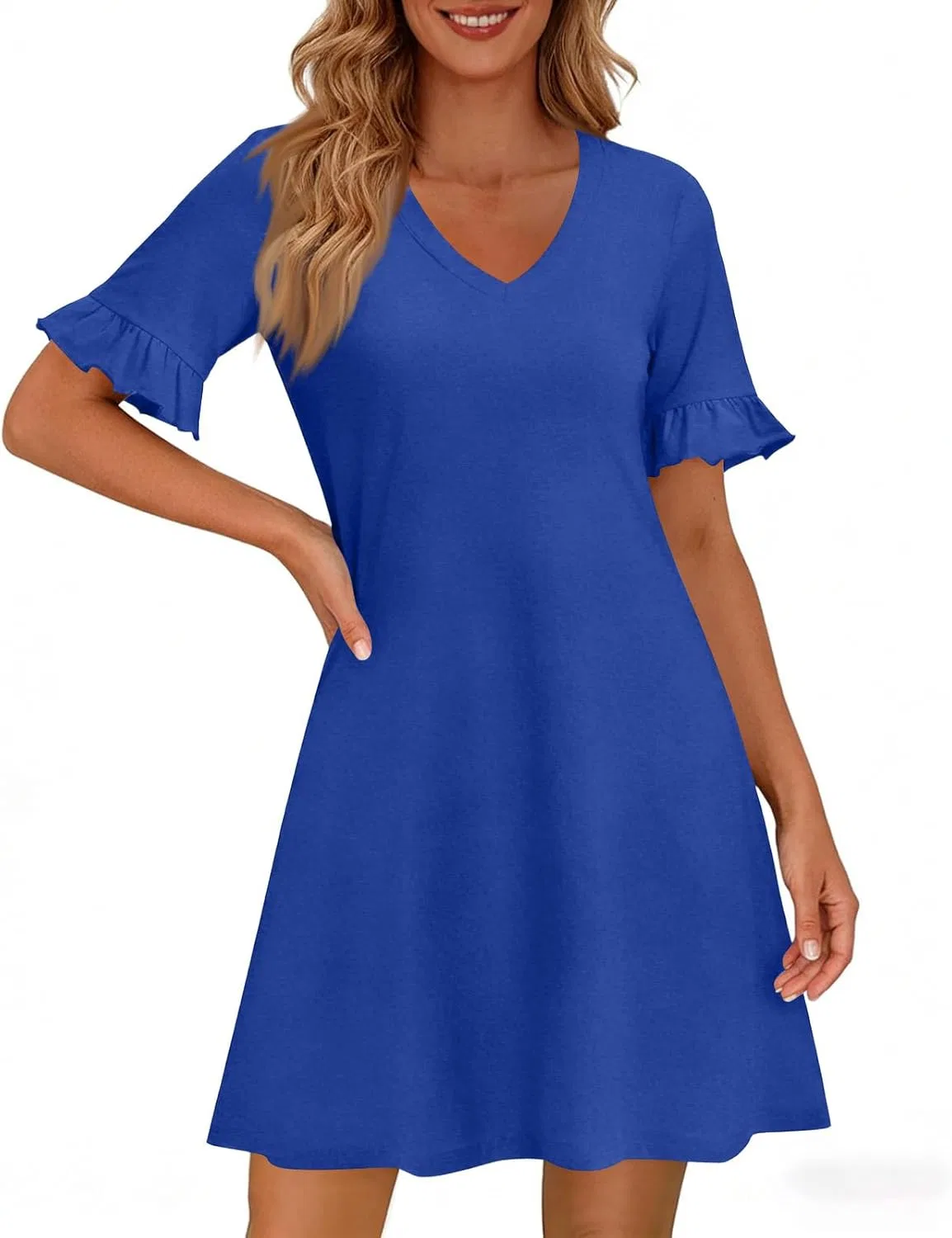 Женское свободное платье-футболка с V-образным вырезом, Royal Blue — фото 2