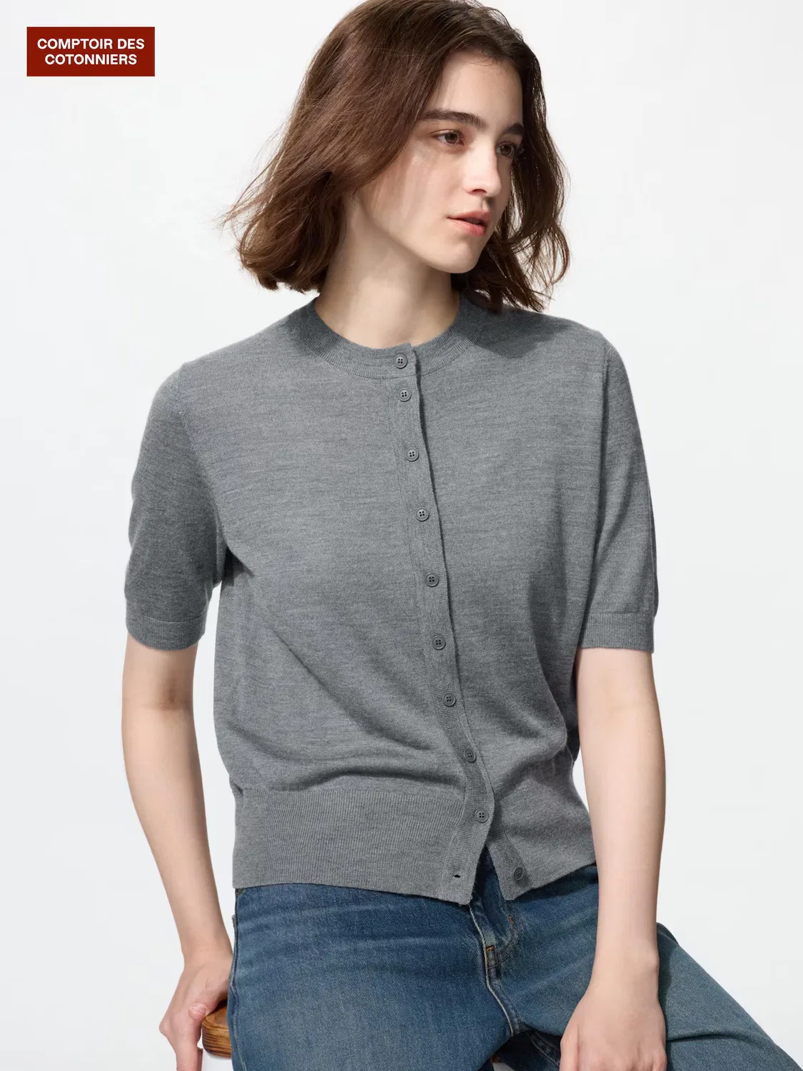 Кардиган Uniqlo с круглым вырезом из мериносовой шерсти, серый