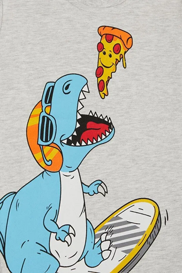 Детская футболка для мальчиков с принтом Happy Dinosaur Eating Pizza Breeze, Light Gray Melange — фото 4