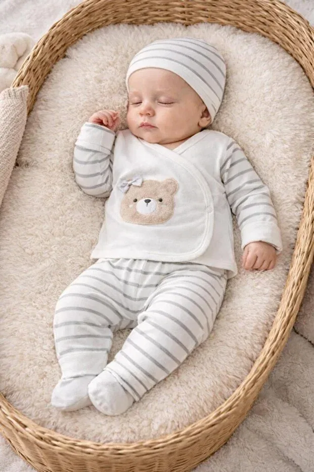 Детский комплект боди для новорожденных хлопковый с принтом Teddy Bear Pattern Bys Baby Fashion, Ekru Striped