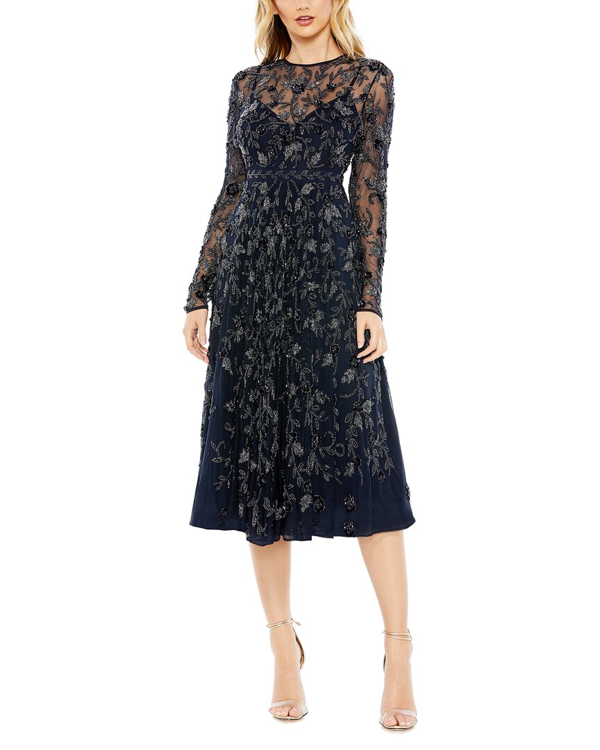 

Бисерное платье с иллюзией выреза и высоким воротником силуэта А-силуэт Mac Duggal, темно-синий