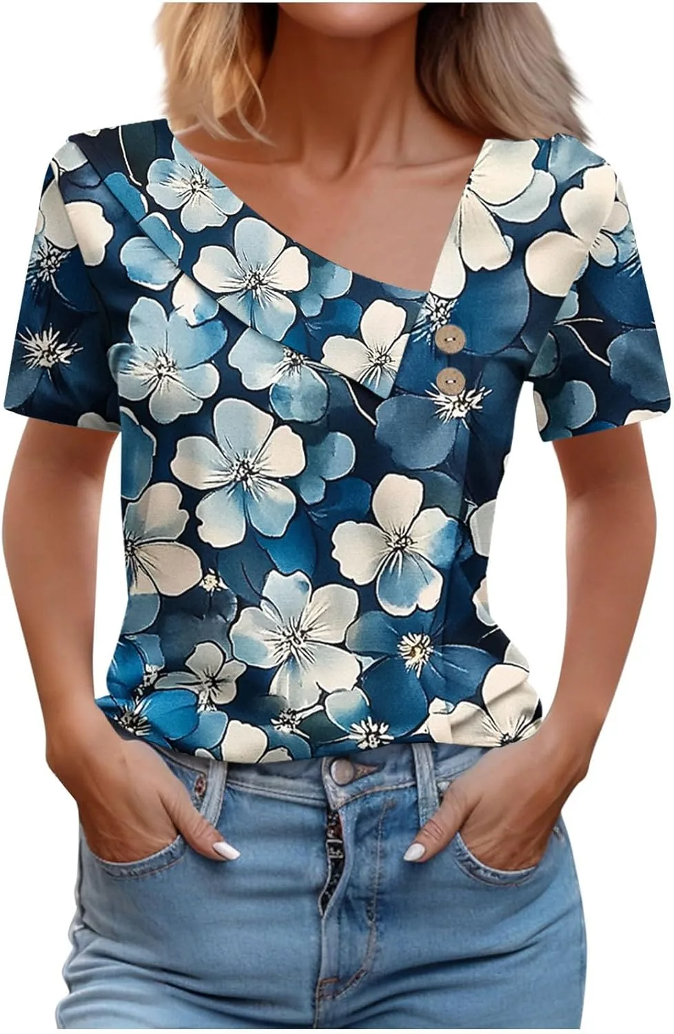 

Женская блузка с декором на пуговицах и V-образным вырезом, летняя, свободного кроя, с коротким рукавом, повседневная, с листовым принтом Smxrfitk