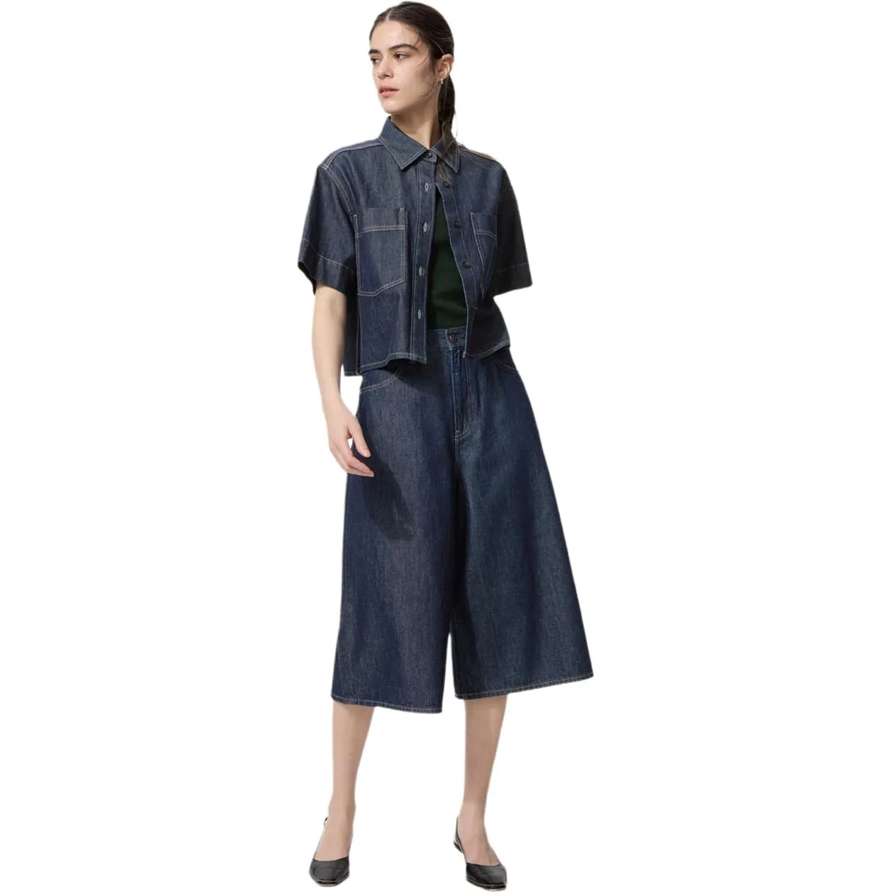 UNIQLO SS26 Рубашка женская с заостренным воротником, темно-синяя