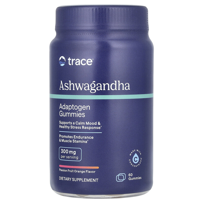 

Trace, Ashwagandha Adaptogen Gummies, маракуйя и апельсин, 60 жевательных таблеток