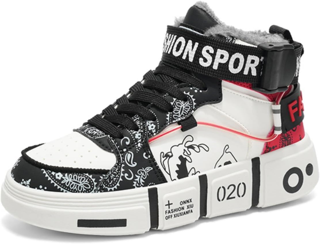 

Мужские высокие кроссовки с флисовой подкладкой: регулируемый ремешок и шнурки, смелые узоры и надписи, стильная и удобная повседневная обувь, ультратеплая подкладка Khwfjas, черный