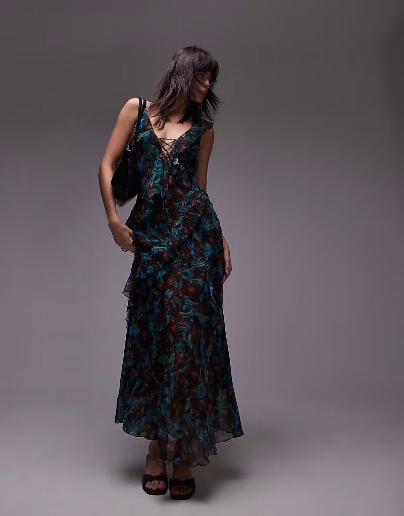 

Платье-комбинация миди с макси-оборкой и зеленым цветочным принтом Topshop