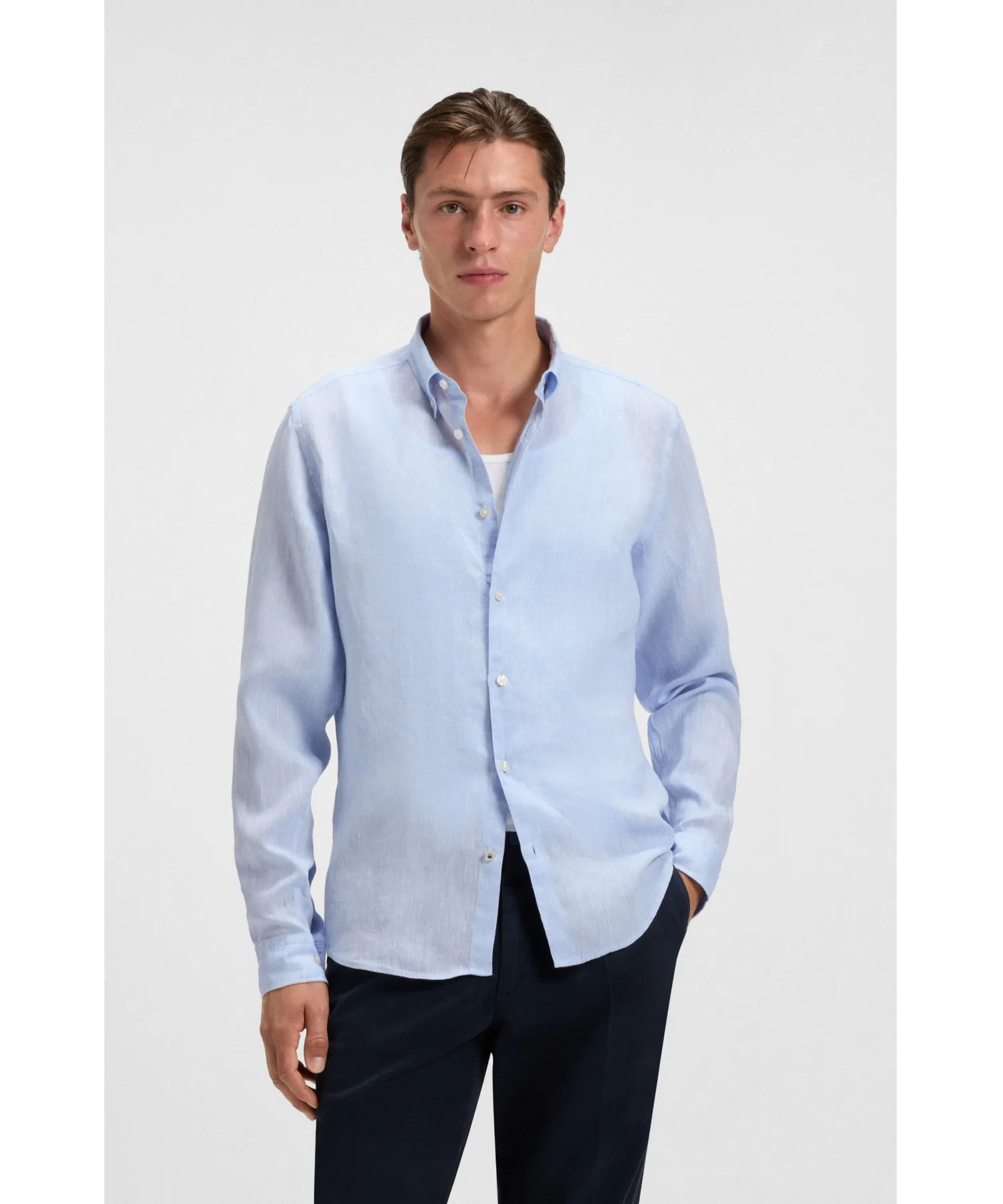 Мужская рубашка из 100% льна Regular Fit Button-Down BOSS светло-голубая