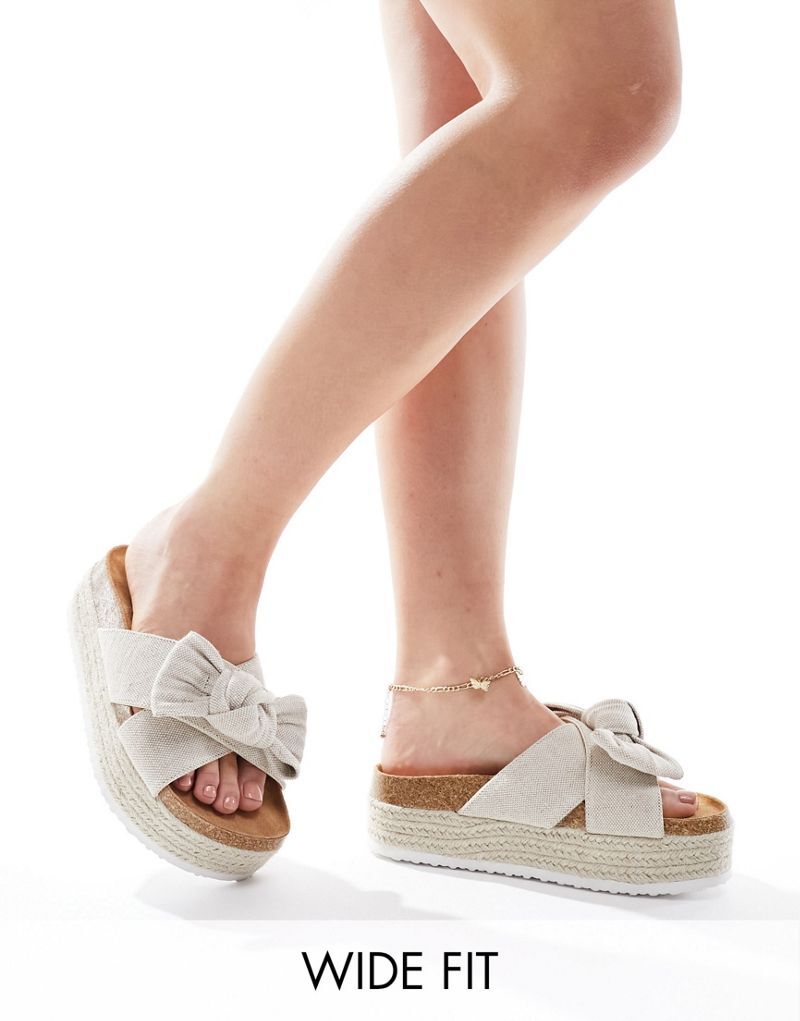 

ASOS DESIGN Широкие босоножки из натуральной ткани с бантом и плоской подошвой