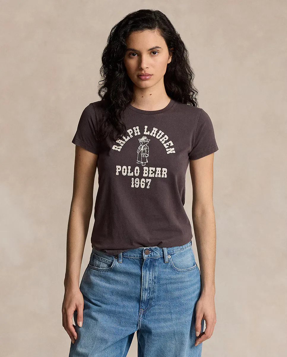 

Женская хлопковая футболка с мишкой-поло Polo Ralph Lauren, темно-серый