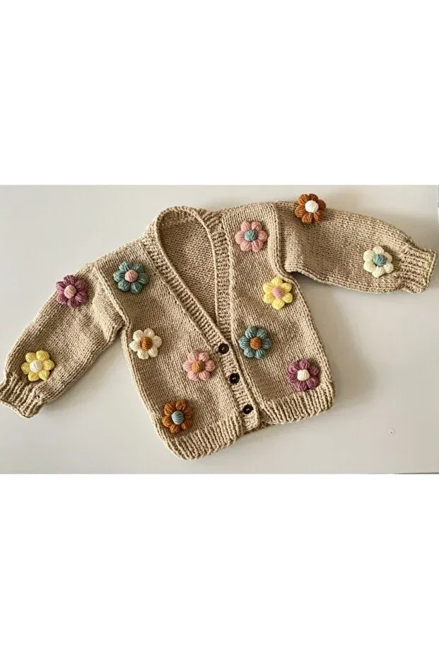 Детский кардиган для девочек с цветочным принтом Hand knitted daisy baby cardigan Hobihanem Tuhafiye, Nude