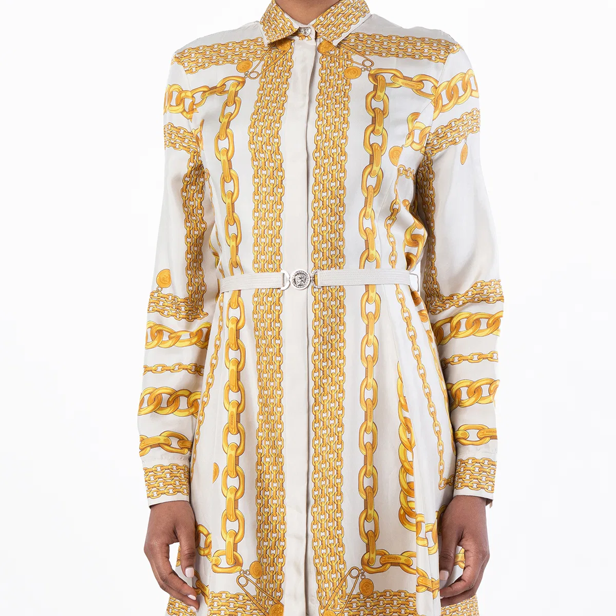 Платье-рубашка мини из шелка с принтом Treasure Versace, Bone/Gold — фото 2