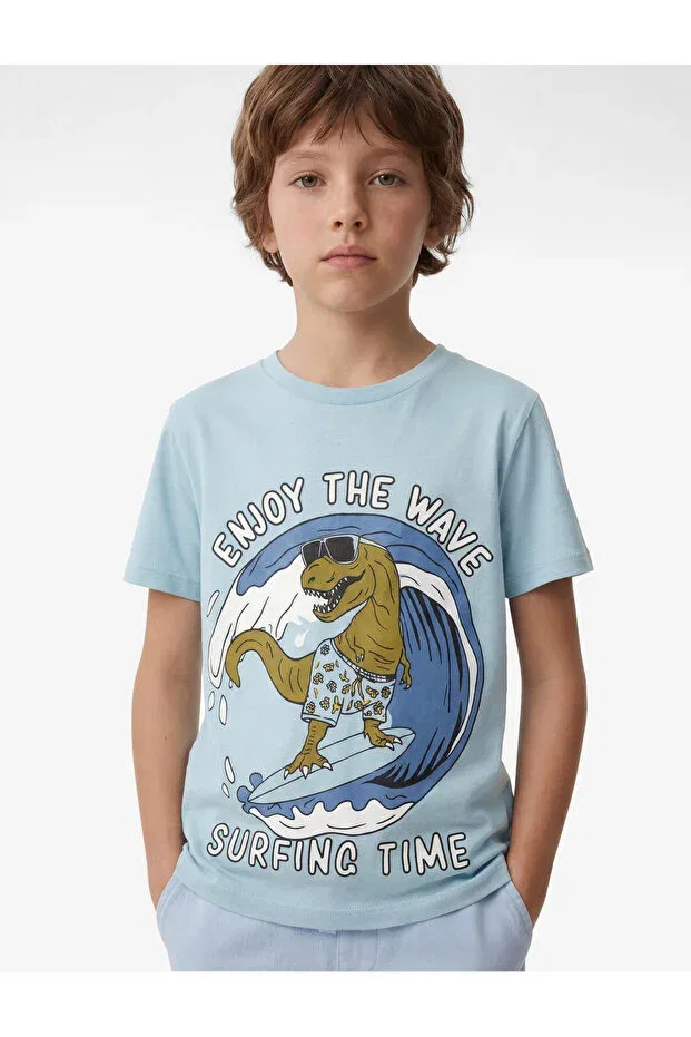 Детская футболка с принтом Dinosaur printed short sleeve crew neck cotton t-shirt Koton, Blue — фото 2