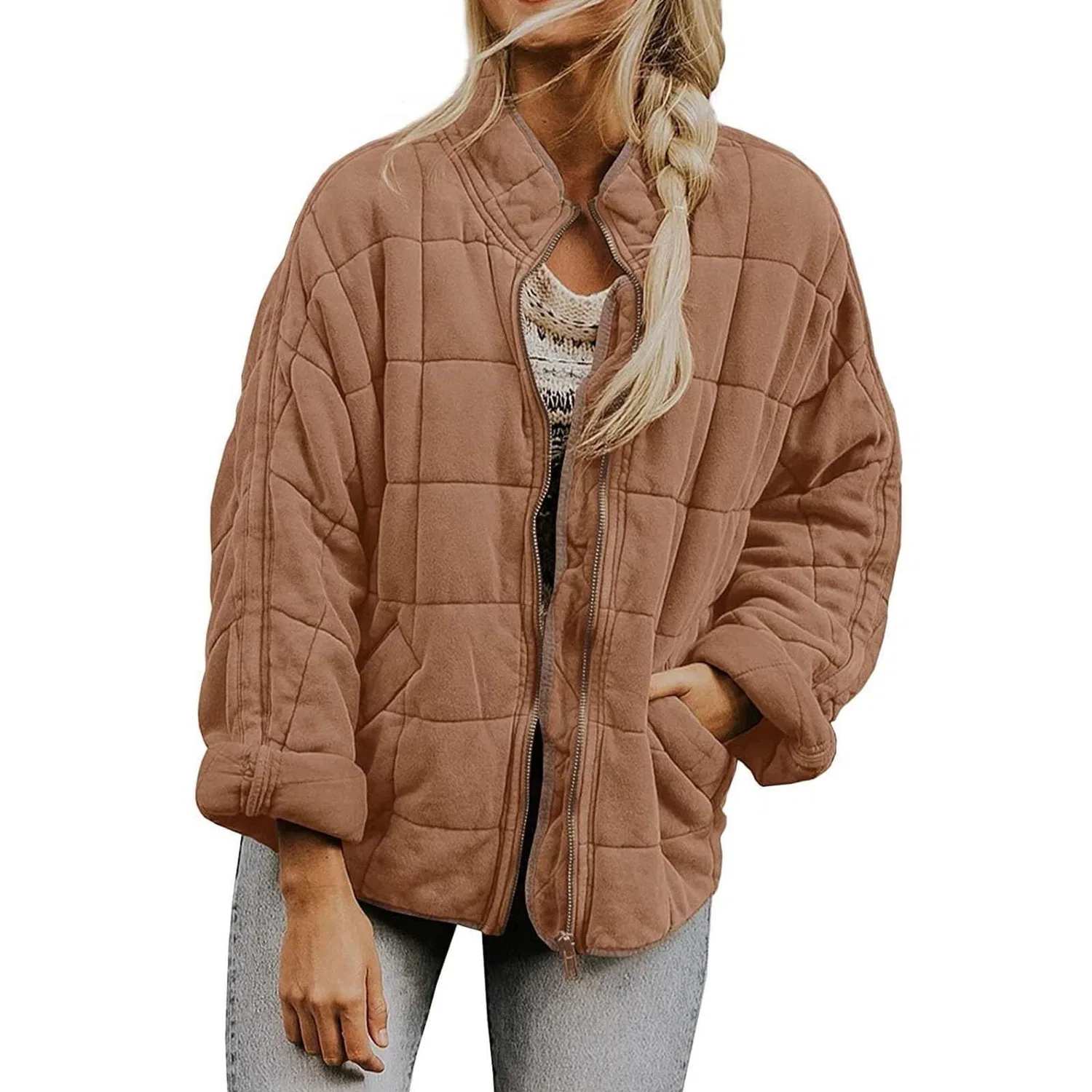 Женская легкая стеганая куртка oversize с длинным рукавом, Marrone