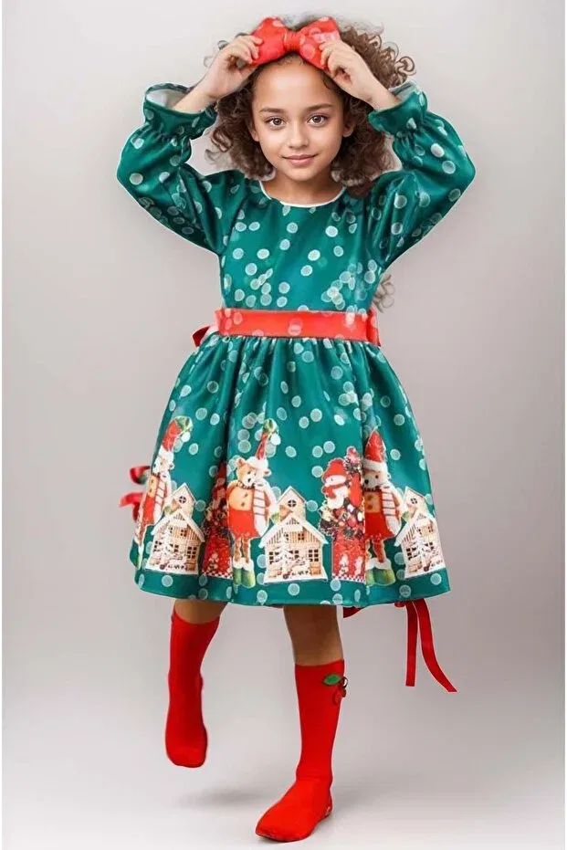 Детское платье для девочек с принтом Girl'S home and teddy bear print green christmas dress with polka dots on the waist stripe Riccotarz, Green