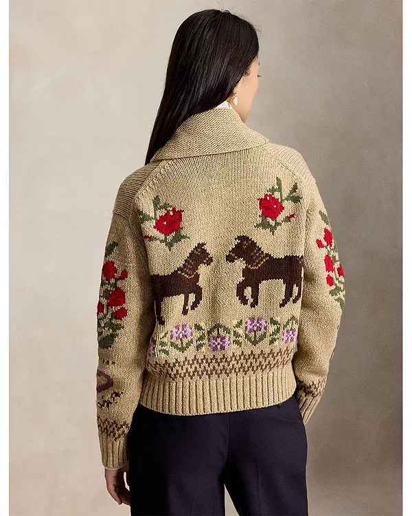 Женский свитер с шальным воротником Intarsa knit shawl cardigan sweater Ralph Lauren, Classic Tan — фото 3