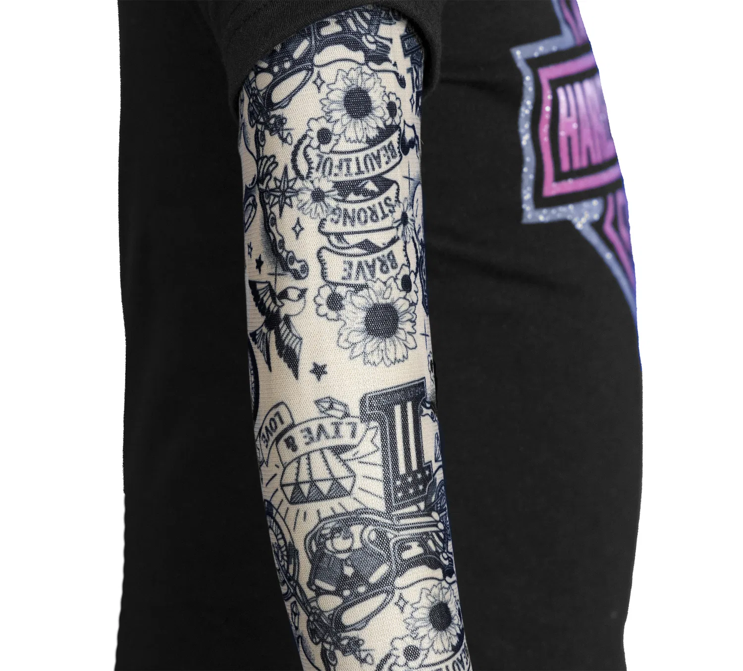 Детский комбинезон с сетчатыми рукавами с тату-принтом Infant Girl's Mesh Tattoo Sleeve Creeper Harley Davidson, Black — фото 2