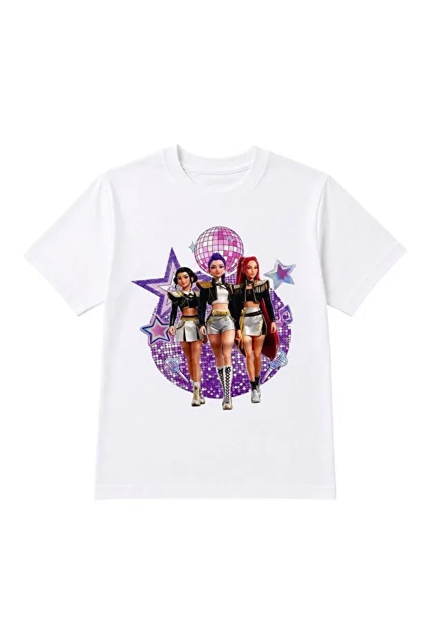 Детская футболка с принтом для девочек Kpop Printed Huntrix Demon Slayers Printed T-Shirt + Rumi Purple Glitter Hair + Face Stone + Hair Powder Set Bemora Kids, Multicolor — фото 2