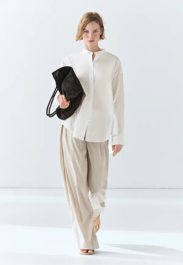 Блуза с воротником-мандарин, хлопок, button-down blouse, Massimo Dutti, White Denim, белый — фото 2
