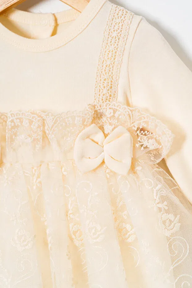 Детское платье для девочек с длинным рукавом mevlit dress with bandana and lace Miniday Baby, Beige — фото 4