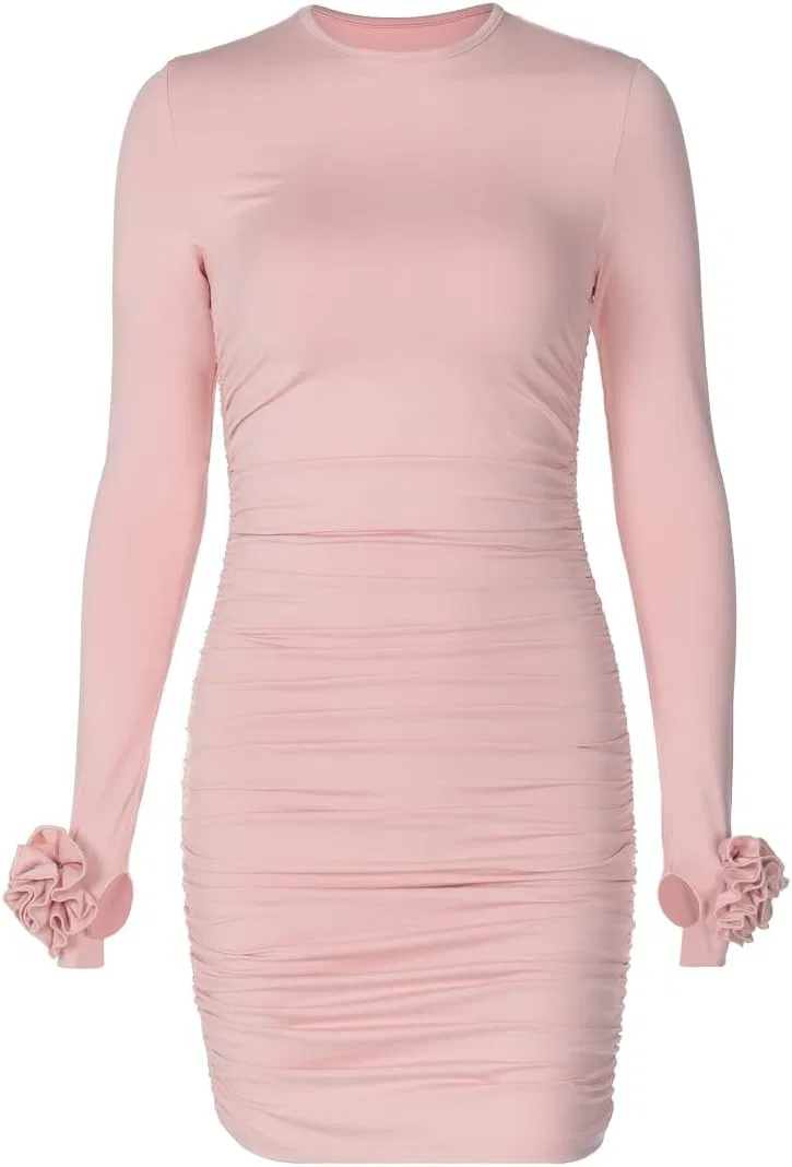Женское облегающее мини-платье с 3D цветами на рукавах Generic, Pink — фото 4