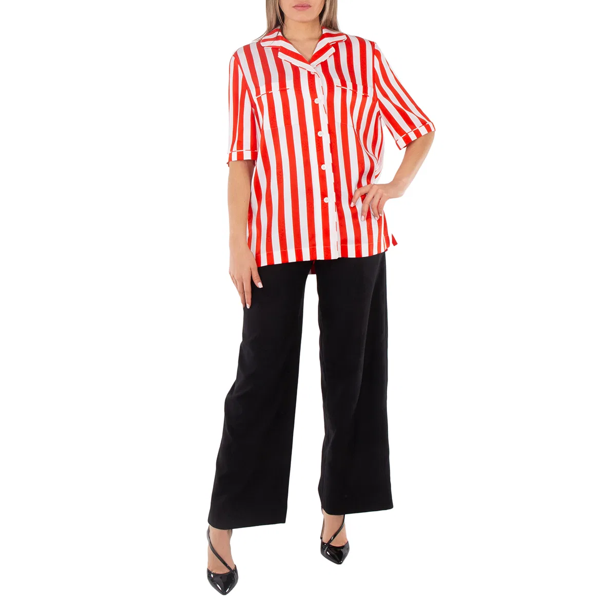 Блузка из шелка с полосатым принтом Tabi Striped Silk Pyjama Shirt Burberry, Bright Chili Red Ip — фото 4