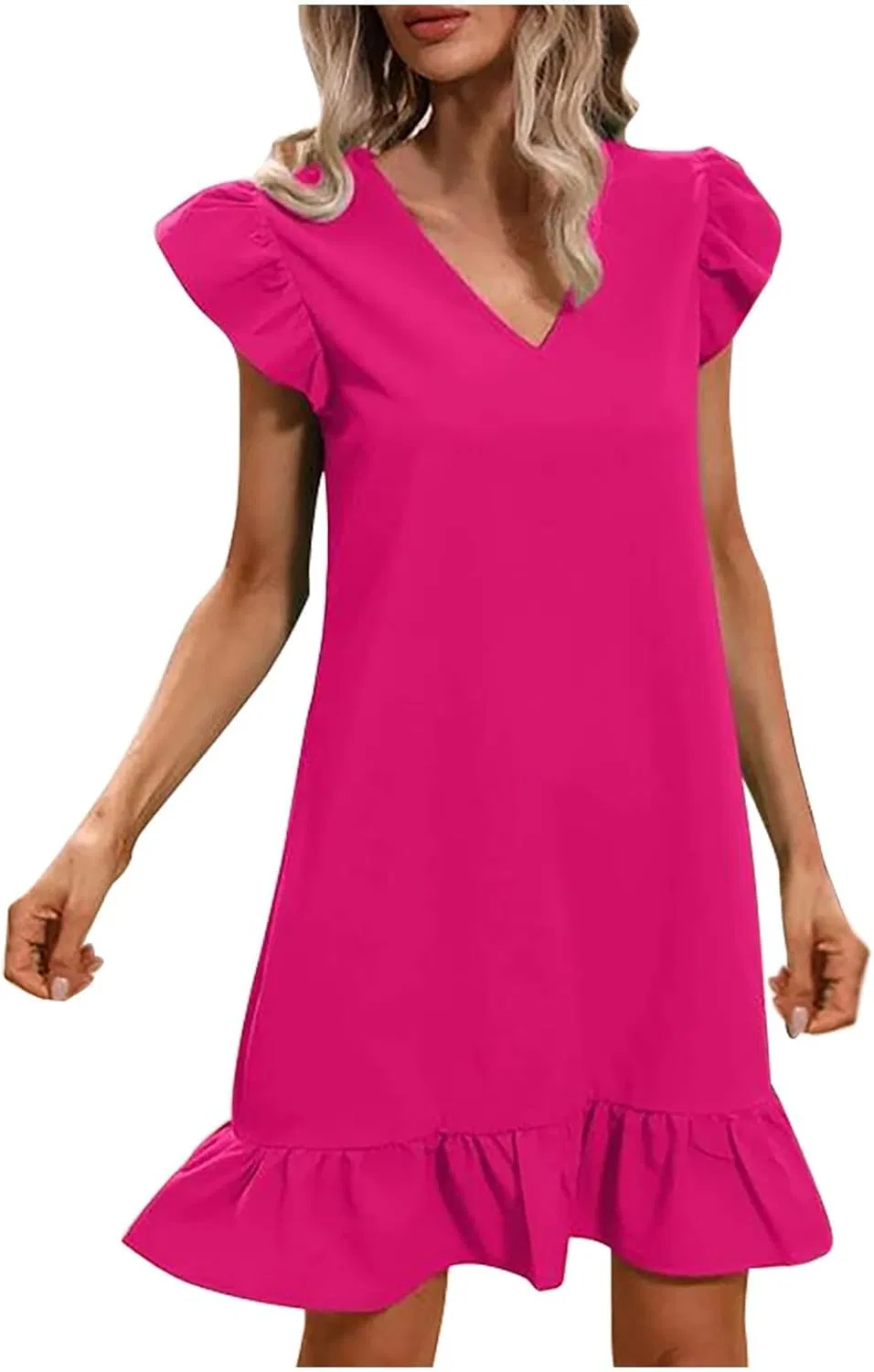 Женское повседневное платье миди с V-образным вырезом и воланами, Hot Pink