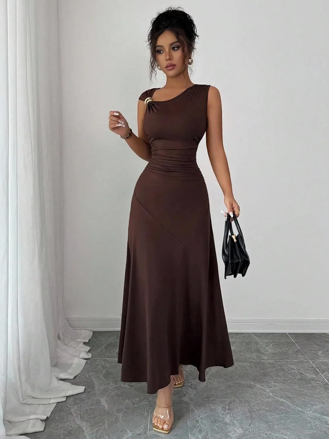 Женское A-силуэта платье с асимметричным вырезом Generic, Coffee Brown — фото 4