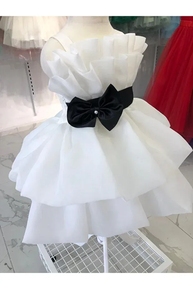 Детское вечернее платье для девочек с принтом Strappy Bow Detailed Layered Bonita, White — фото 2